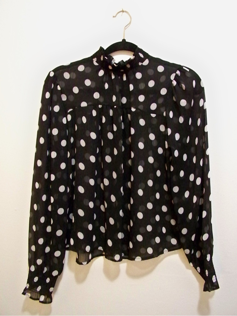 Sheer Black Polka Dot Mock Neck Blouse